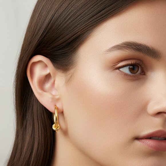 🆕️Chic Knot Accent 18K Gold Hoop Earrings - Trendy Stainless Steel Minimalist - Picture 6 of 12